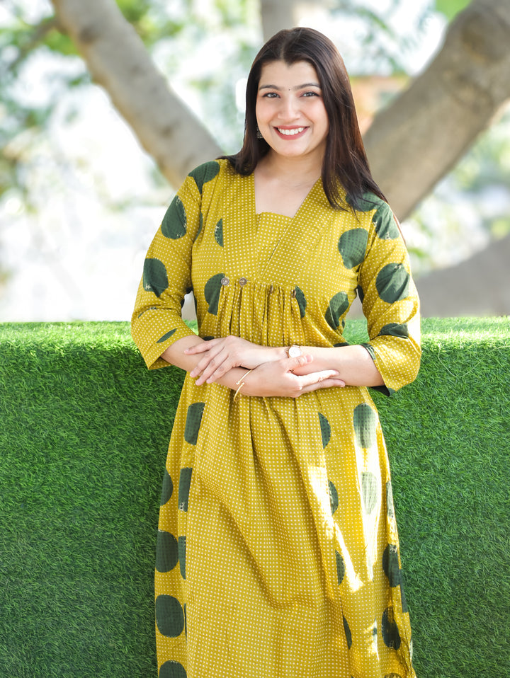 Amara Mustard Yellow Panel Style with Front Gathered and Coin Work Cotton 2 Piece Set