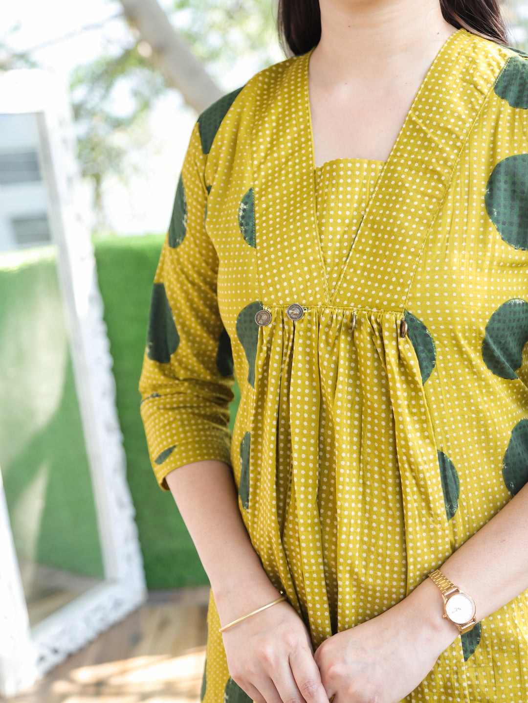 Amara Mustard Yellow Panel Style with Front Gathered and Coin Work Cotton 2 Piece Set