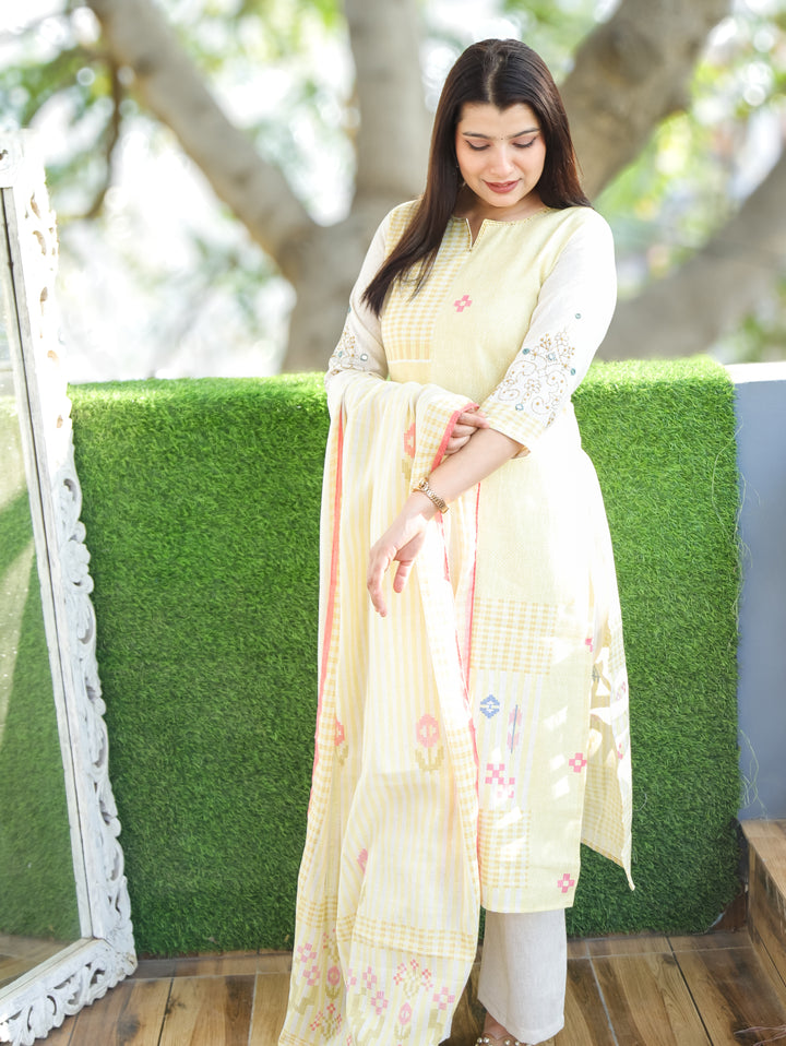 Amara Buttter Yellow Thread Neck Work All Over Printed Cotton 3 Piece Set