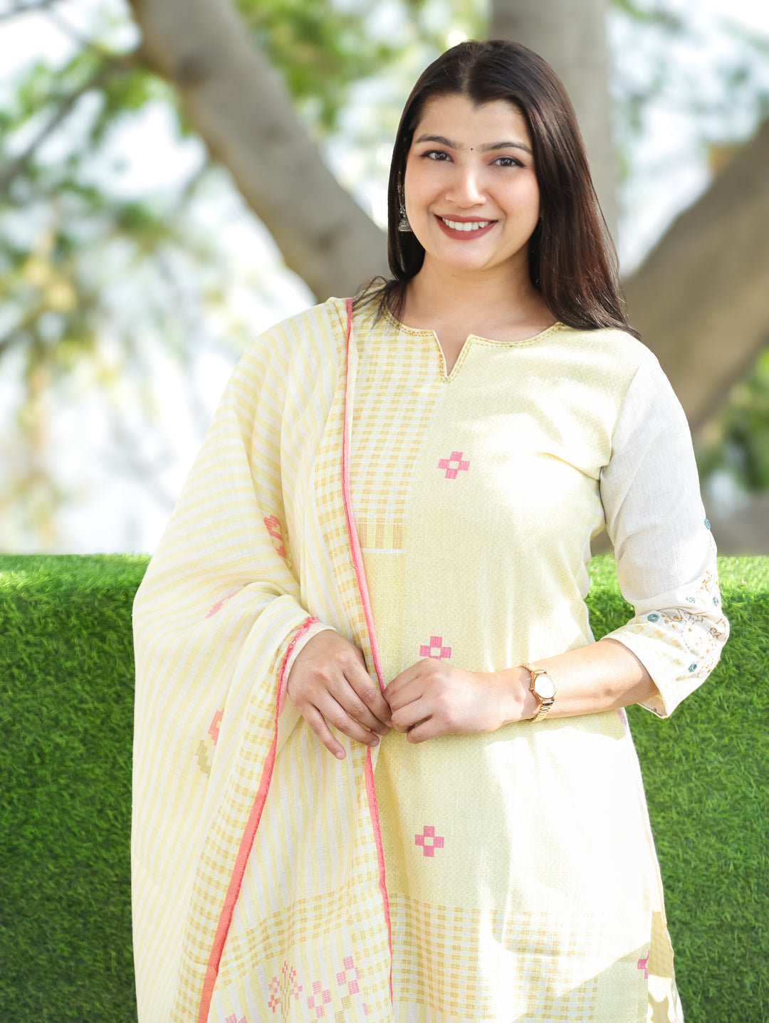 Amara Buttter Yellow Thread Neck Work All Over Printed Cotton 3 Piece Set