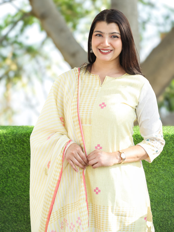Amara Buttter Yellow Thread Neck Work All Over Printed Cotton 3 Piece Set