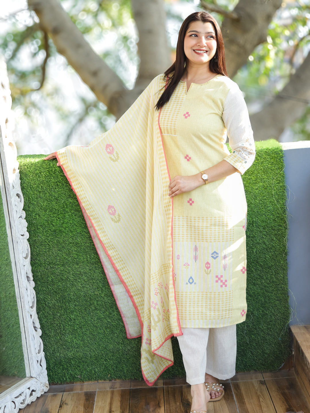 Amara Buttter Yellow Thread Neck Work All Over Printed Cotton 3 Piece Set