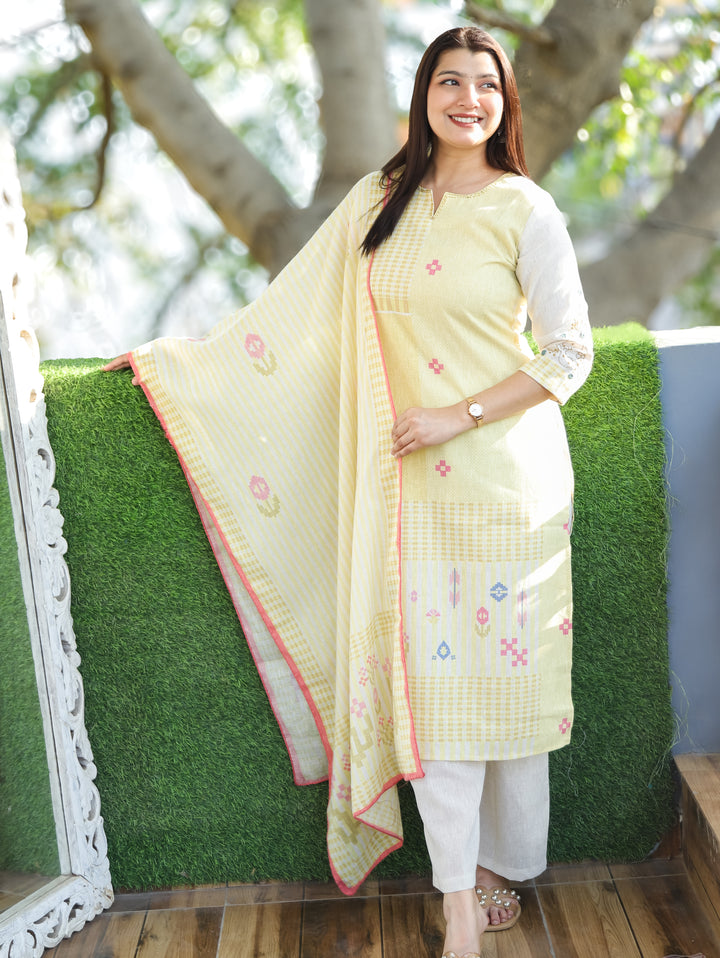 Amara Buttter Yellow Thread Neck Work All Over Printed Cotton 3 Piece Set