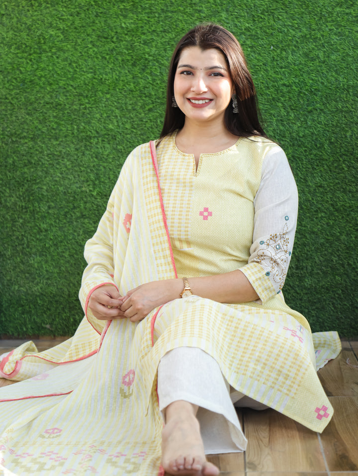 Amara Buttter Yellow Thread Neck Work All Over Printed Cotton 3 Piece Set