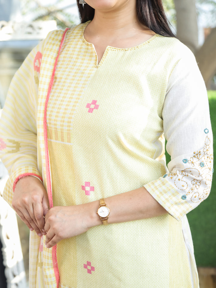 Amara Buttter Yellow Thread Neck Work All Over Printed Cotton 3 Piece Set