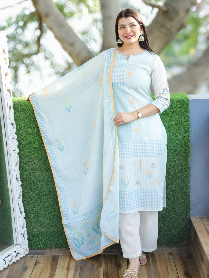 Amara Baby Blue Thread Neck Work All Over Printed Cotton 3 Piece Set