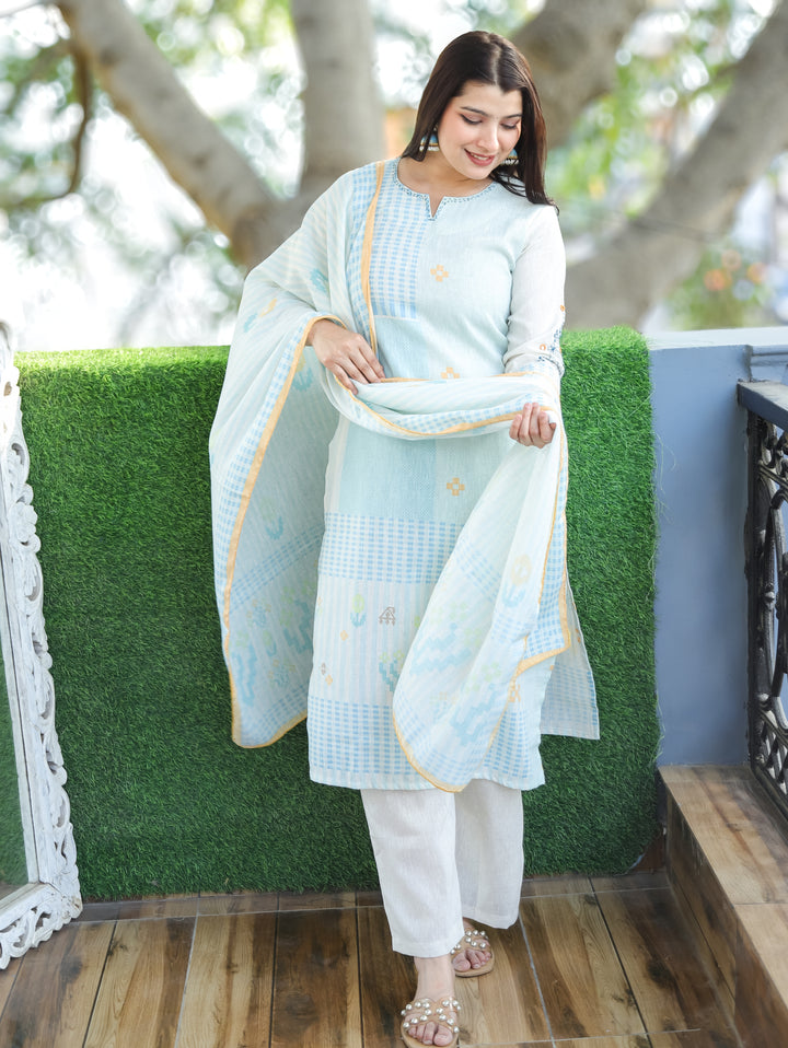 Amara Baby Blue Thread Neck Work All Over Printed Cotton 3 Piece Set