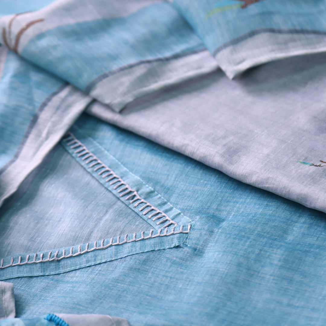 Kashvi Wave Blue Kantha Embroidery Digital Printed Chanderi Suit Set