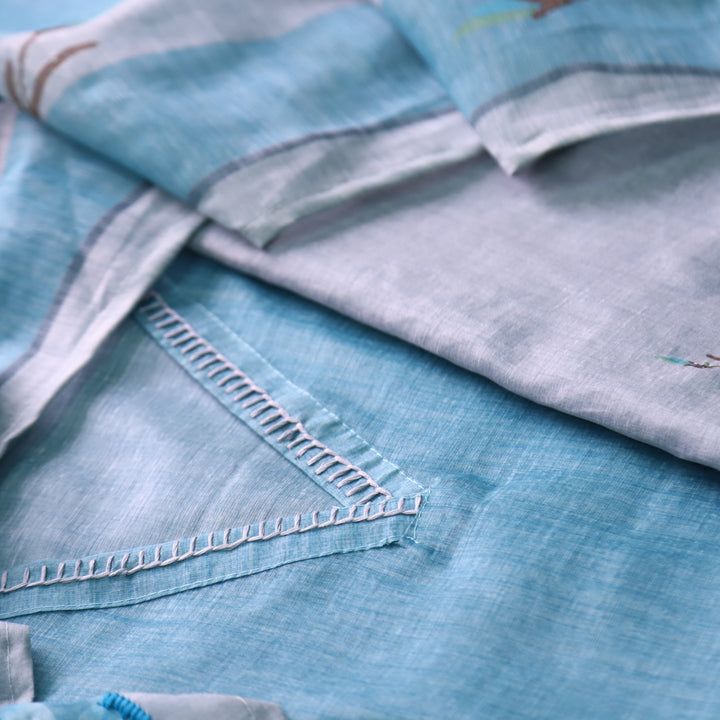 Kashvi Wave Blue Kantha Embroidery Digital Printed Chanderi Suit Set