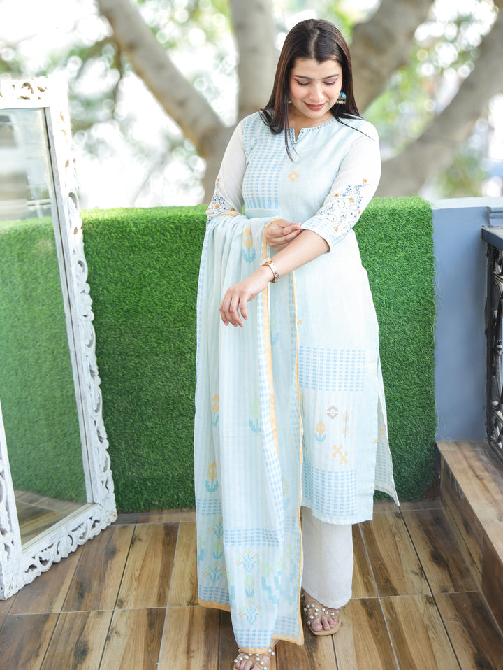 Amara Baby Blue Thread Neck Work All Over Printed Cotton 3 Piece Set