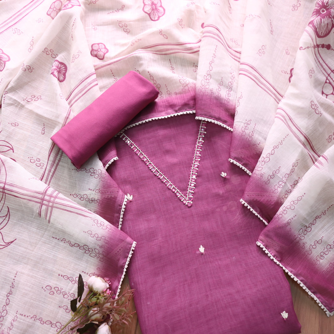 Kamaya Mauve Pink V Neck Thread with Pearl Moti Work Cotton Linen Suit Set
