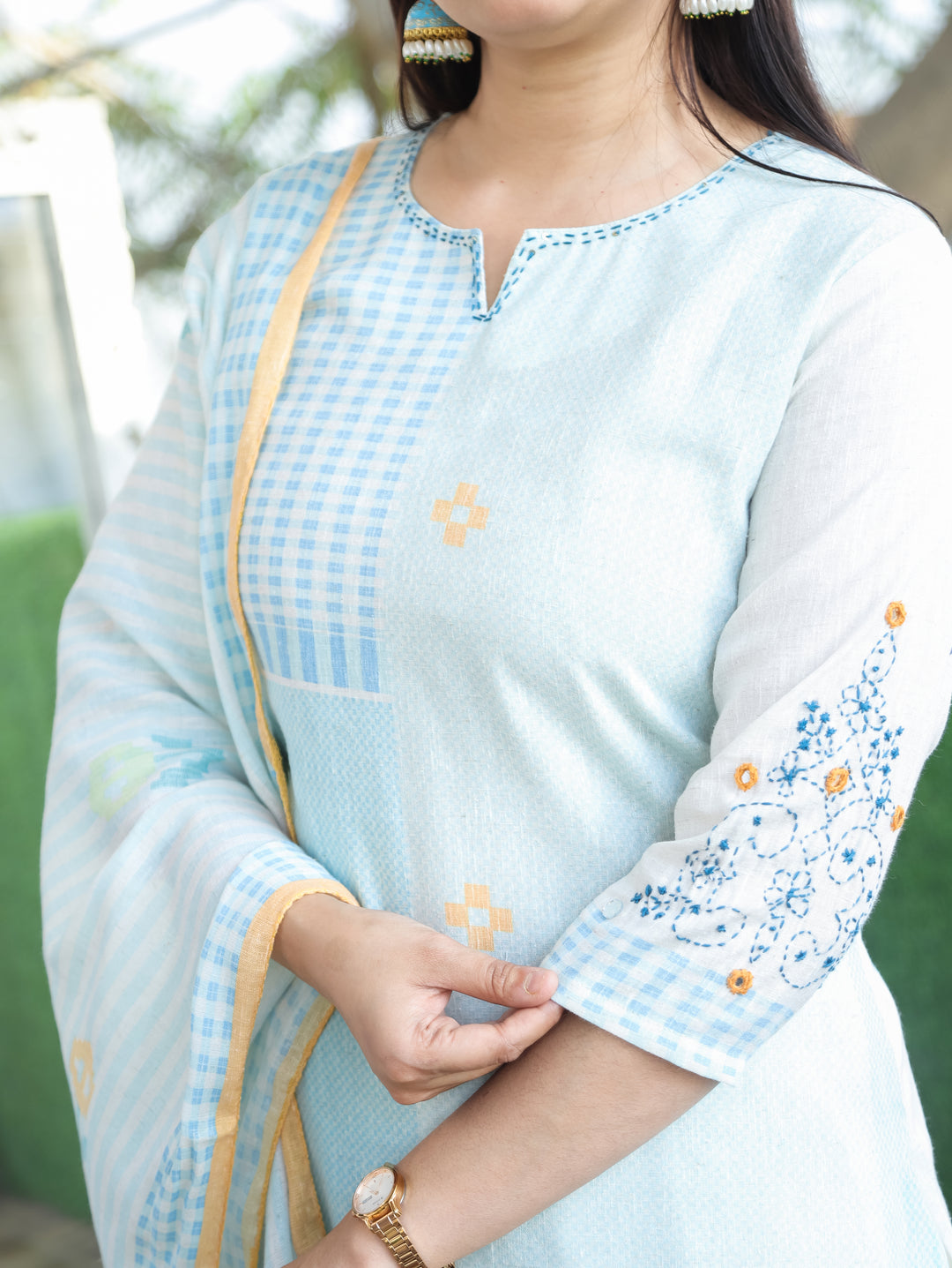 Amara Baby Blue Thread Neck Work All Over Printed Cotton 3 Piece Set