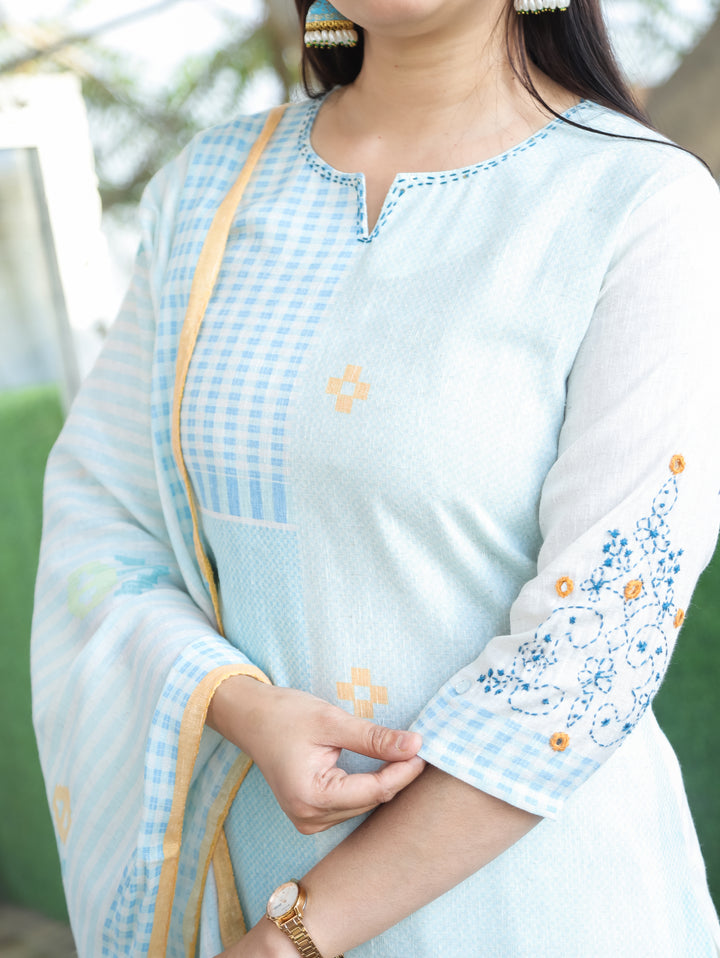 Amara Baby Blue Thread Neck Work All Over Printed Cotton 3 Piece Set