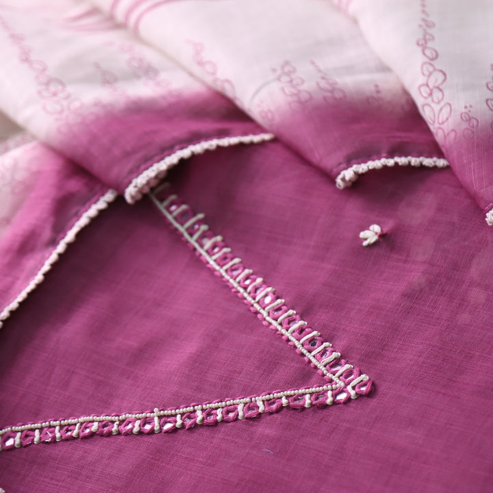 Kamaya Mauve Pink V Neck Thread with Pearl Moti Work Cotton Linen Suit Set