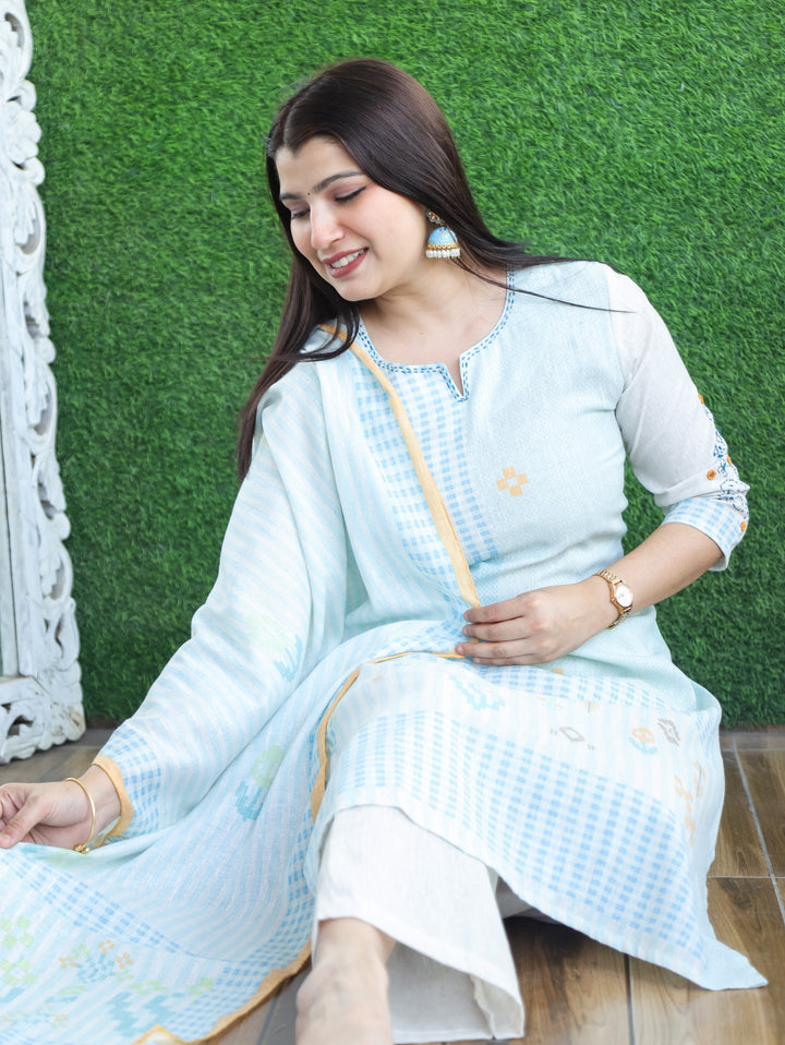 Amara Baby Blue Thread Neck Work All Over Printed Cotton 3 Piece Set