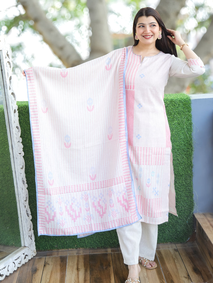 Amara Candy Pink Thread Neck Work All Over Printed Cotton 3 Piece Set