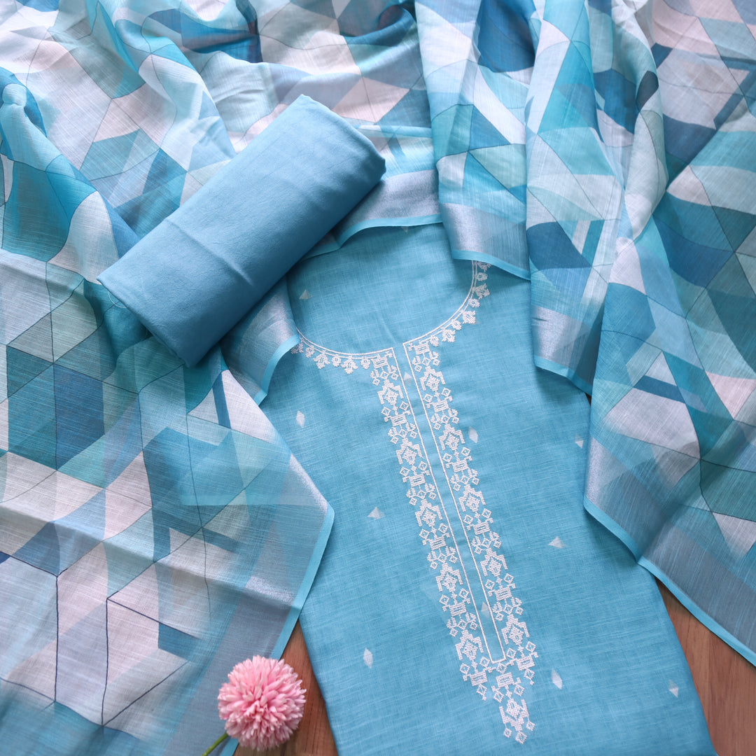Rukhsat Turkish Blue Cross-Stitch Embroidery Neck Cotton Linen Suit Set