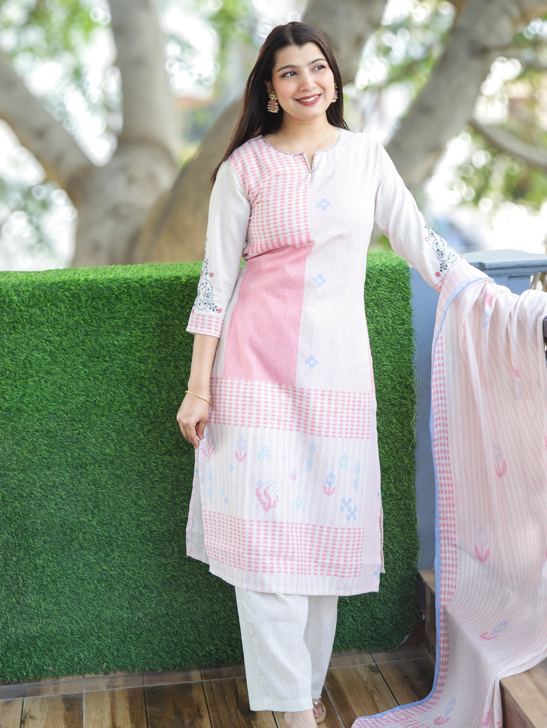 Amara Candy Pink Thread Neck Work All Over Printed Cotton 3 Piece Set