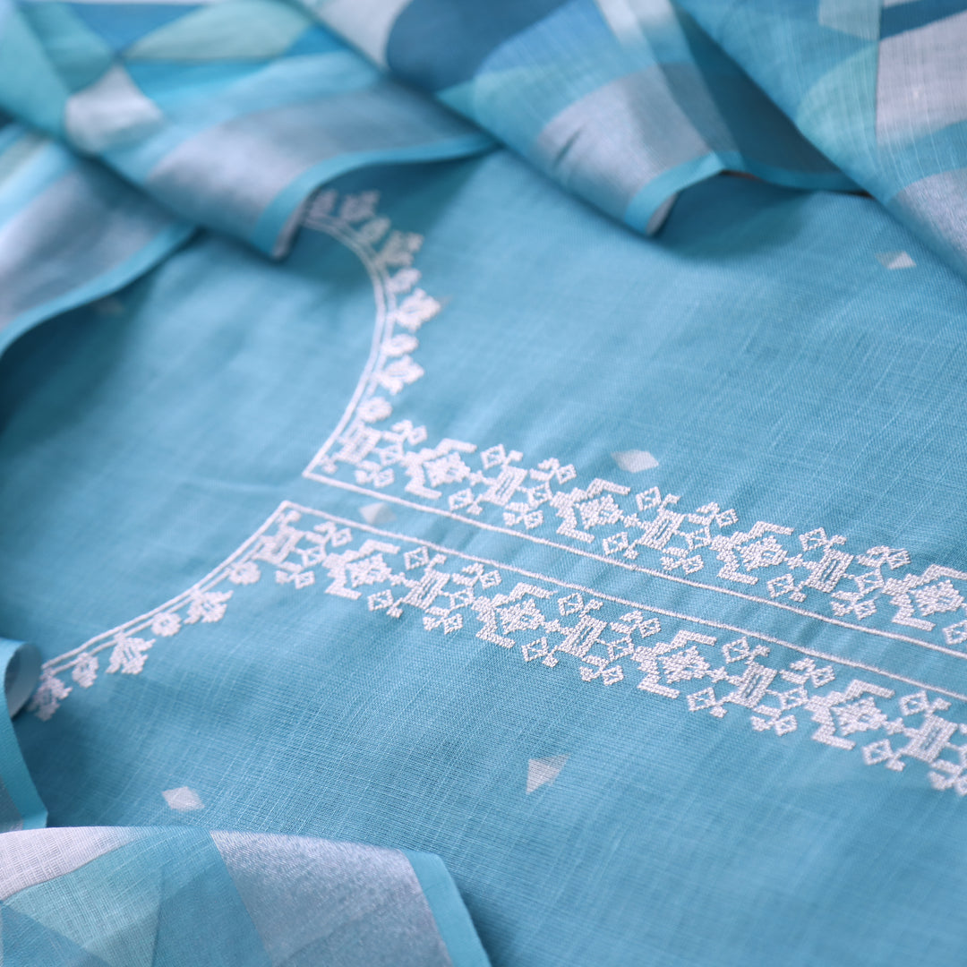Rukhsat Turkish Blue Cross-Stitch Embroidery Neck Cotton Linen Suit Set