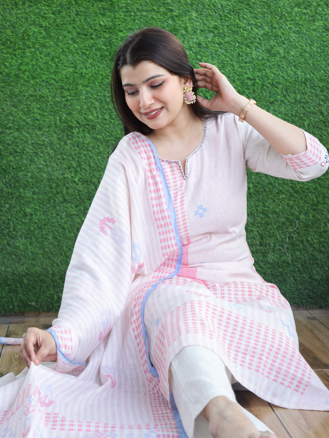Amara Candy Pink Thread Neck Work All Over Printed Cotton 3 Piece Set