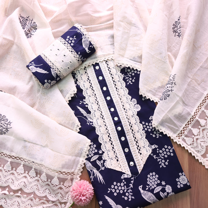 Khuda Navy Blue Lace Work with Patra Work Floral Printed Cotton Suit Set