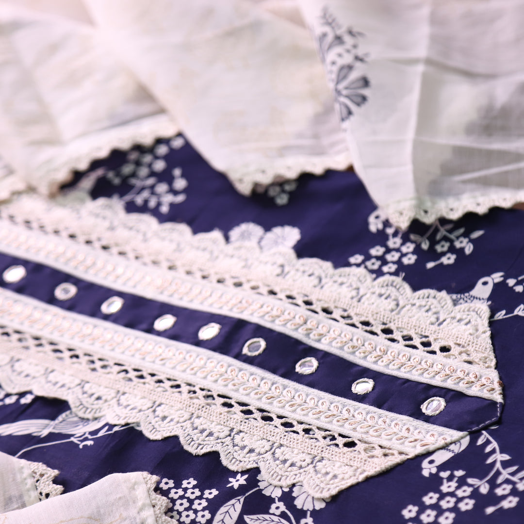 Khuda Navy Blue Lace Work with Patra Work Floral Printed Cotton Suit Set