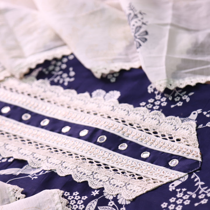 Khuda Navy Blue Lace Work with Patra Work Floral Printed Cotton Suit Set