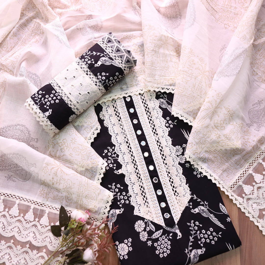 Khuda Ebony Black Lace Work with Patra Work Floral Printed Cotton Suit Set