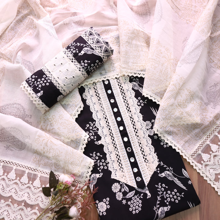 Khuda Ebony Black Lace Work with Patra Work Floral Printed Cotton Suit Set