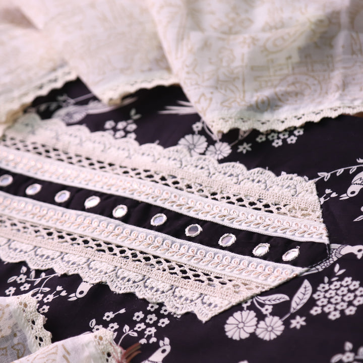 Khuda Ebony Black Lace Work with Patra Work Floral Printed Cotton Suit Set