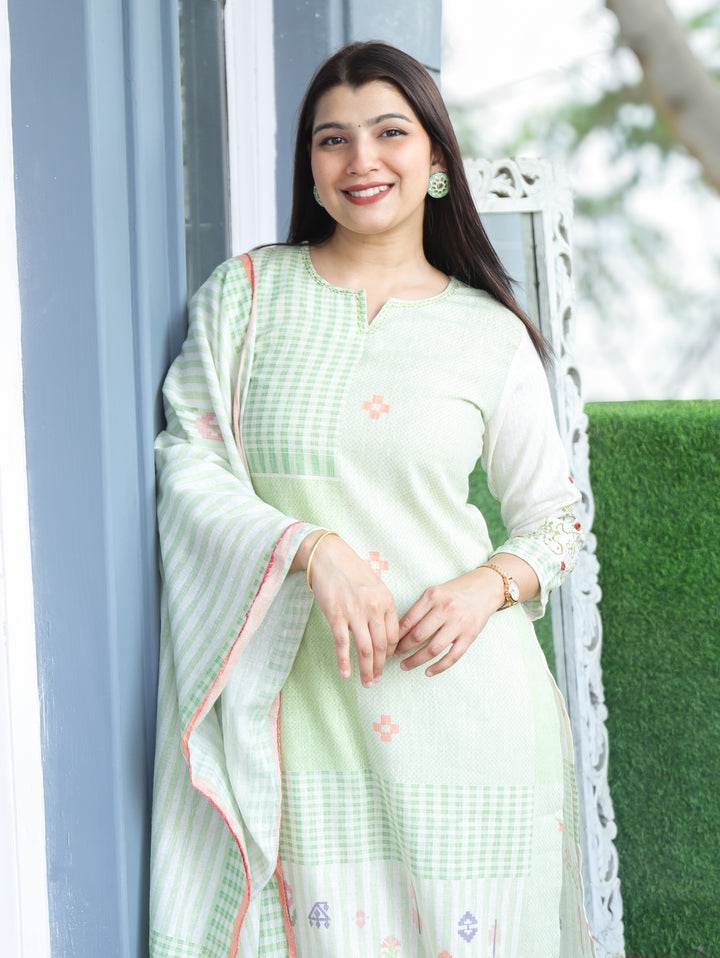 Amara Seaform Green Thread Neck Work All Over Printed Cotton 3 Piece Set