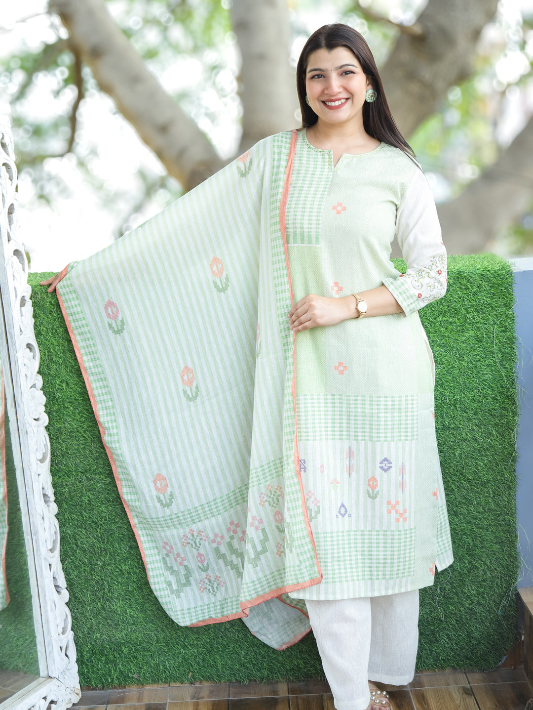Amara Seaform Green Thread Neck Work All Over Printed Cotton 3 Piece Set