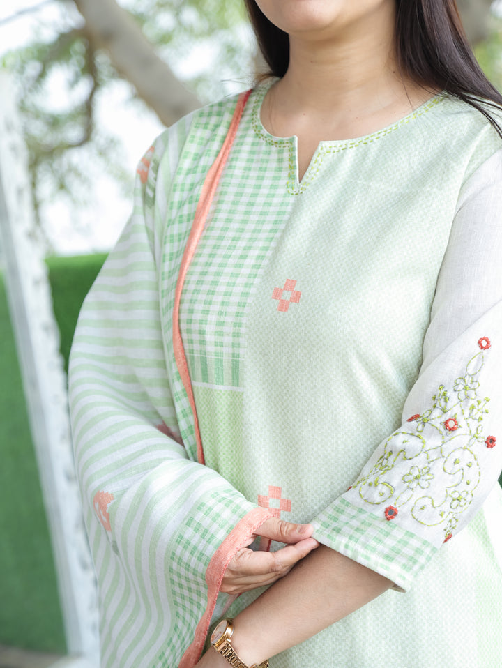 Amara Seaform Green Thread Neck Work All Over Printed Cotton 3 Piece Set