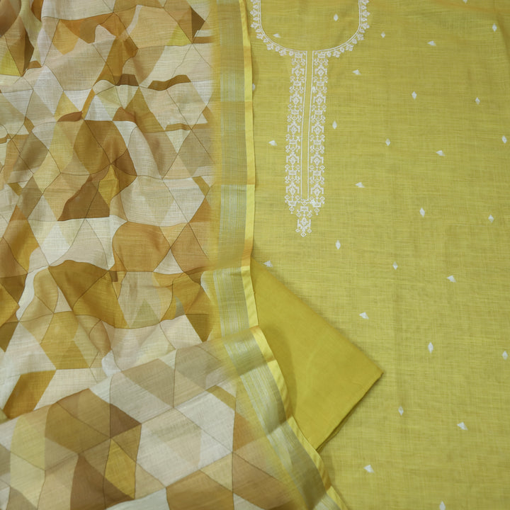 Rukhsat Turmeric Yellow Cross-Stitch Embroidery Neck Cotton Linen Suit Set