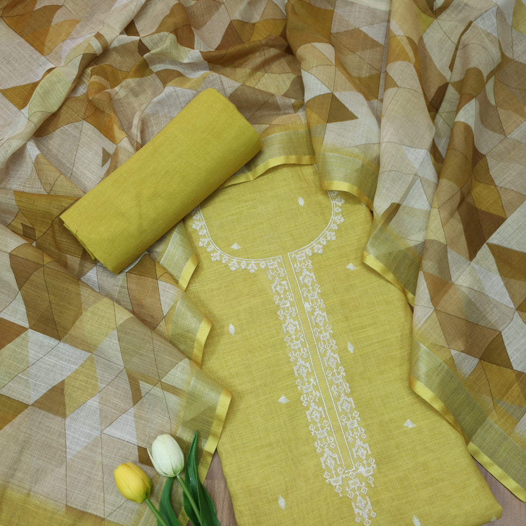 Rukhsat Turmeric Yellow Cross-Stitch Embroidery Neck Cotton Linen Suit Set