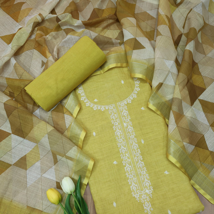 Rukhsat Turmeric Yellow Cross-Stitch Embroidery Neck Cotton Linen Suit Set