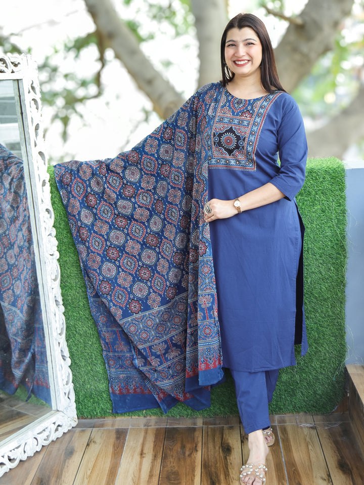 Saloni Sapphire Blue Ajrak Printed Yoke with Mirror Work Cotton 3 Piece Set D2