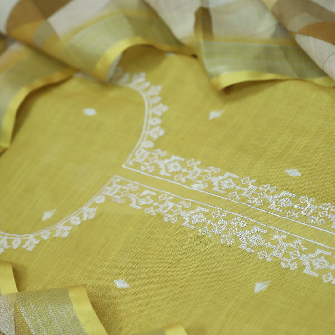 Rukhsat Turmeric Yellow Cross-Stitch Embroidery Neck Cotton Linen Suit Set