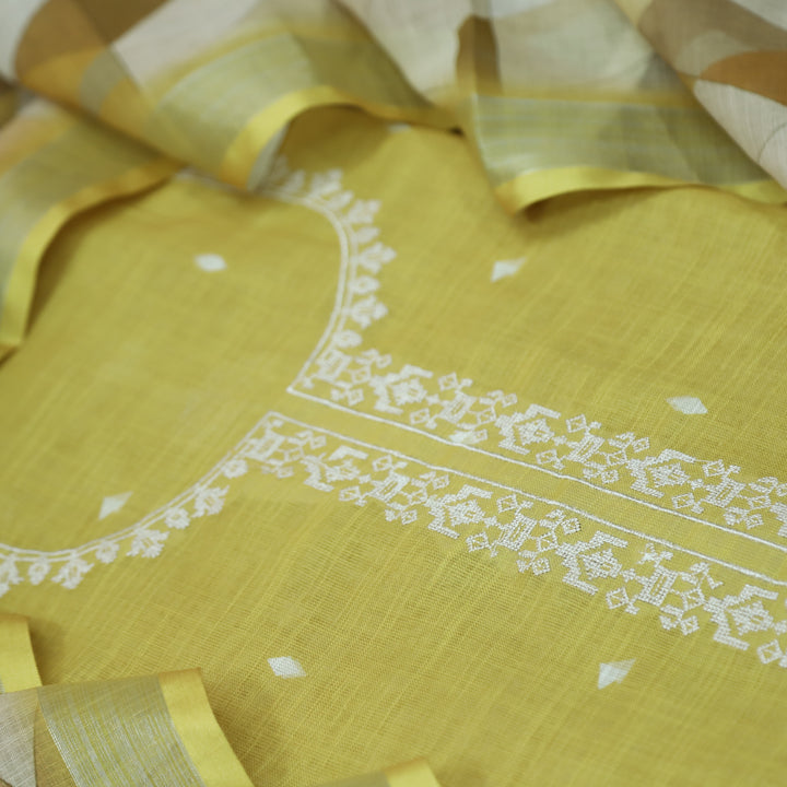 Rukhsat Turmeric Yellow Cross-Stitch Embroidery Neck Cotton Linen Suit Set