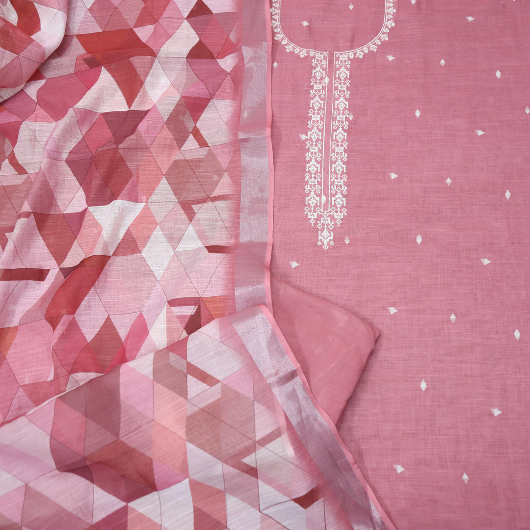 Rukhsat Blush Mauve Cross-Stitch Embroidery Neck Cotton Linen Suit Set