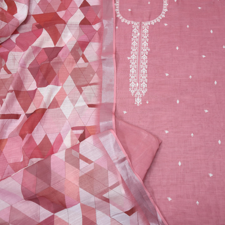 Rukhsat Blush Mauve Cross-Stitch Embroidery Neck Cotton Linen Suit Set