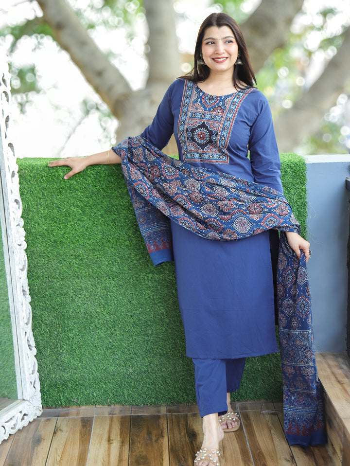 Saloni Sapphire Blue Ajrak Printed Yoke with Mirror Work Cotton 3 Piece Set D2