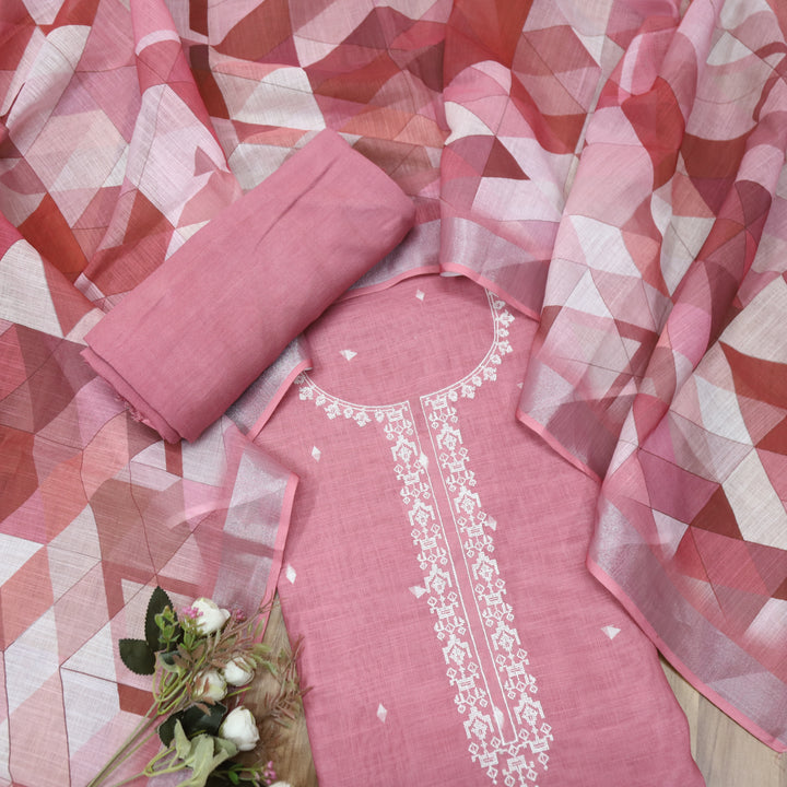 Rukhsat Blush Mauve Cross-Stitch Embroidery Neck Cotton Linen Suit Set