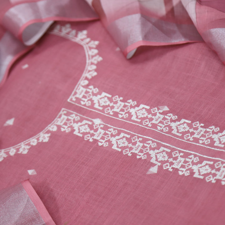 Rukhsat Blush Mauve Cross-Stitch Embroidery Neck Cotton Linen Suit Set
