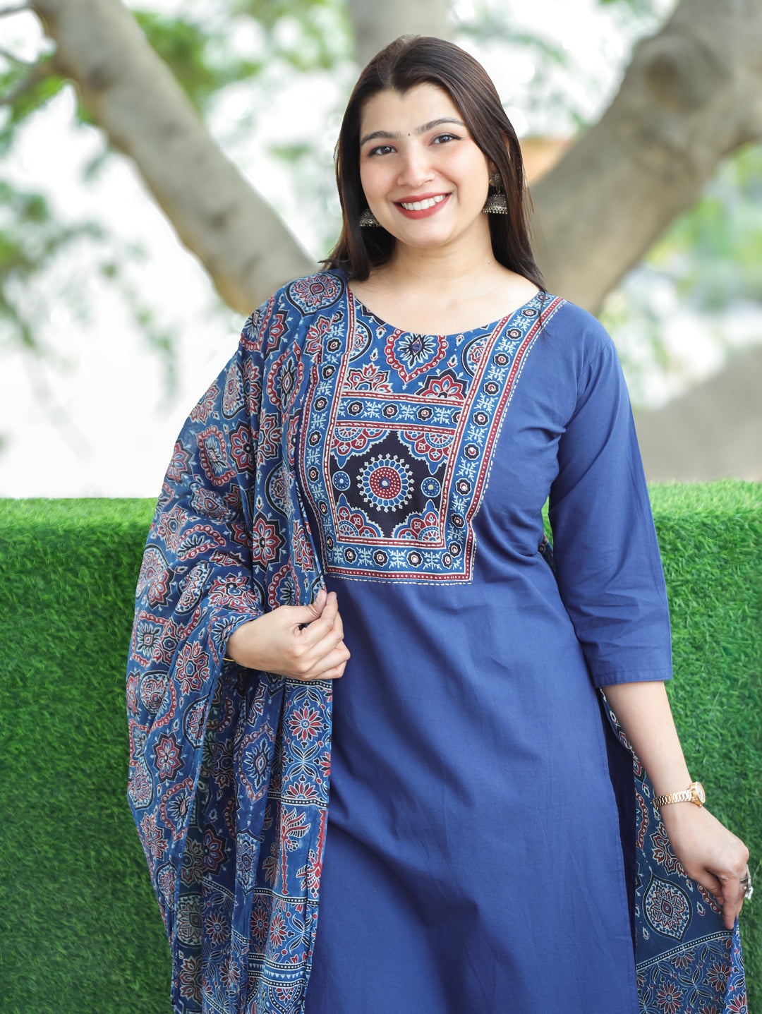Saloni Sapphire Blue Ajrak Printed Yoke with Mirror Work Cotton 3 Piece Set D2