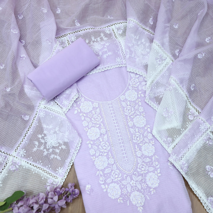 Khuda Soft Lilac Pink Thread Embroidered Neck Work Kota Doriya Suit Set