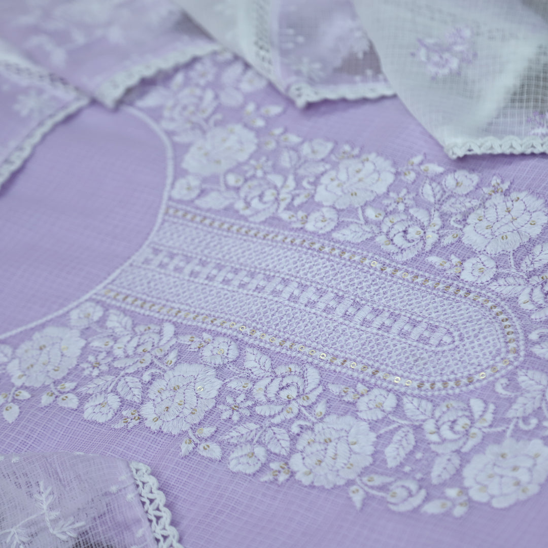 Khuda Soft Lilac Pink Thread Embroidered Neck Work Kota Doriya Suit Set