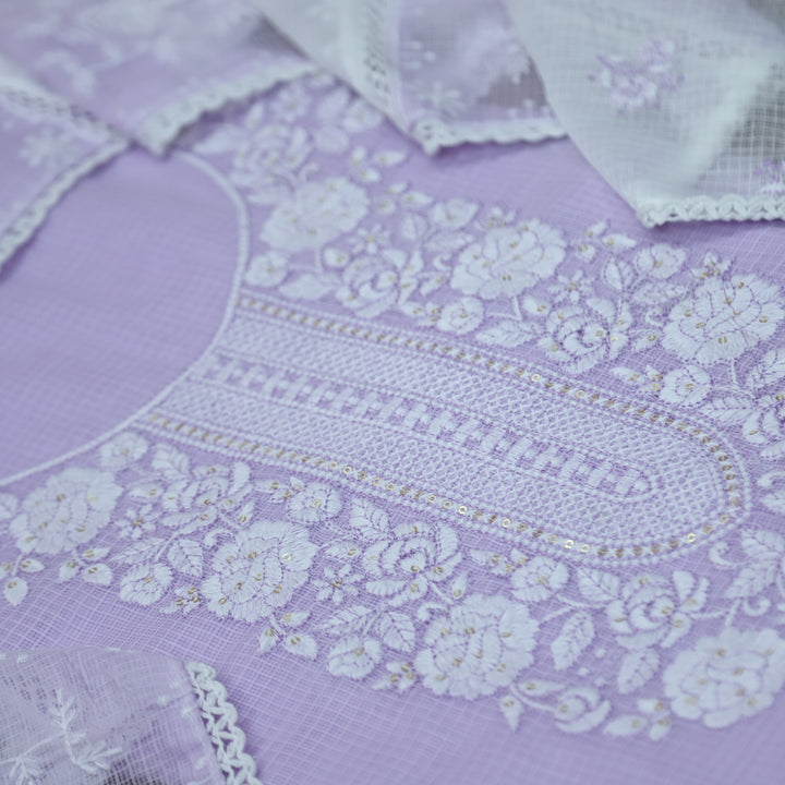 Khuda Soft Lilac Pink Thread Embroidered Neck Work Kota Doriya Suit Set