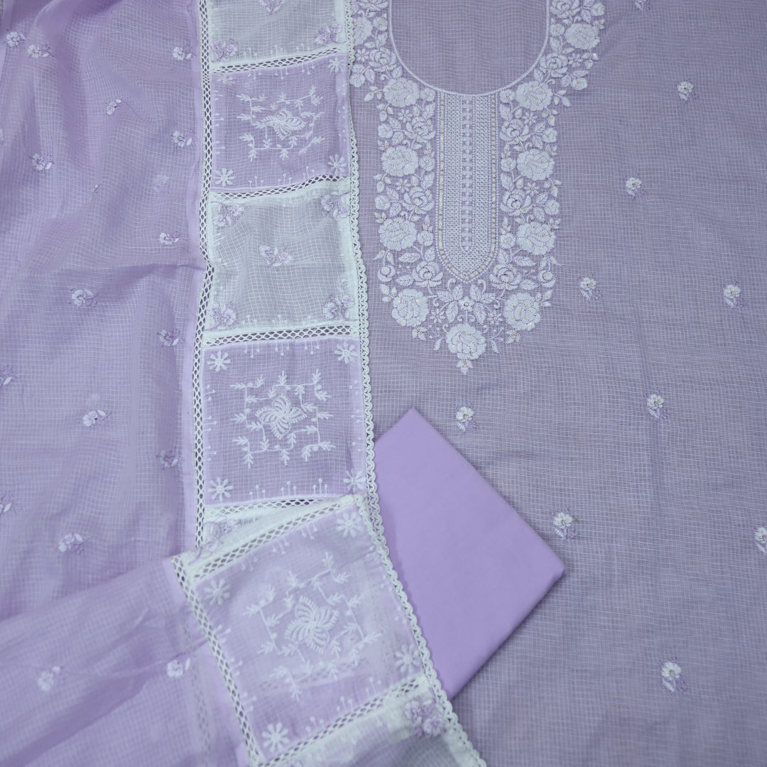 Khuda Soft Lilac Pink Thread Embroidered Neck Work Kota Doriya Suit Set
