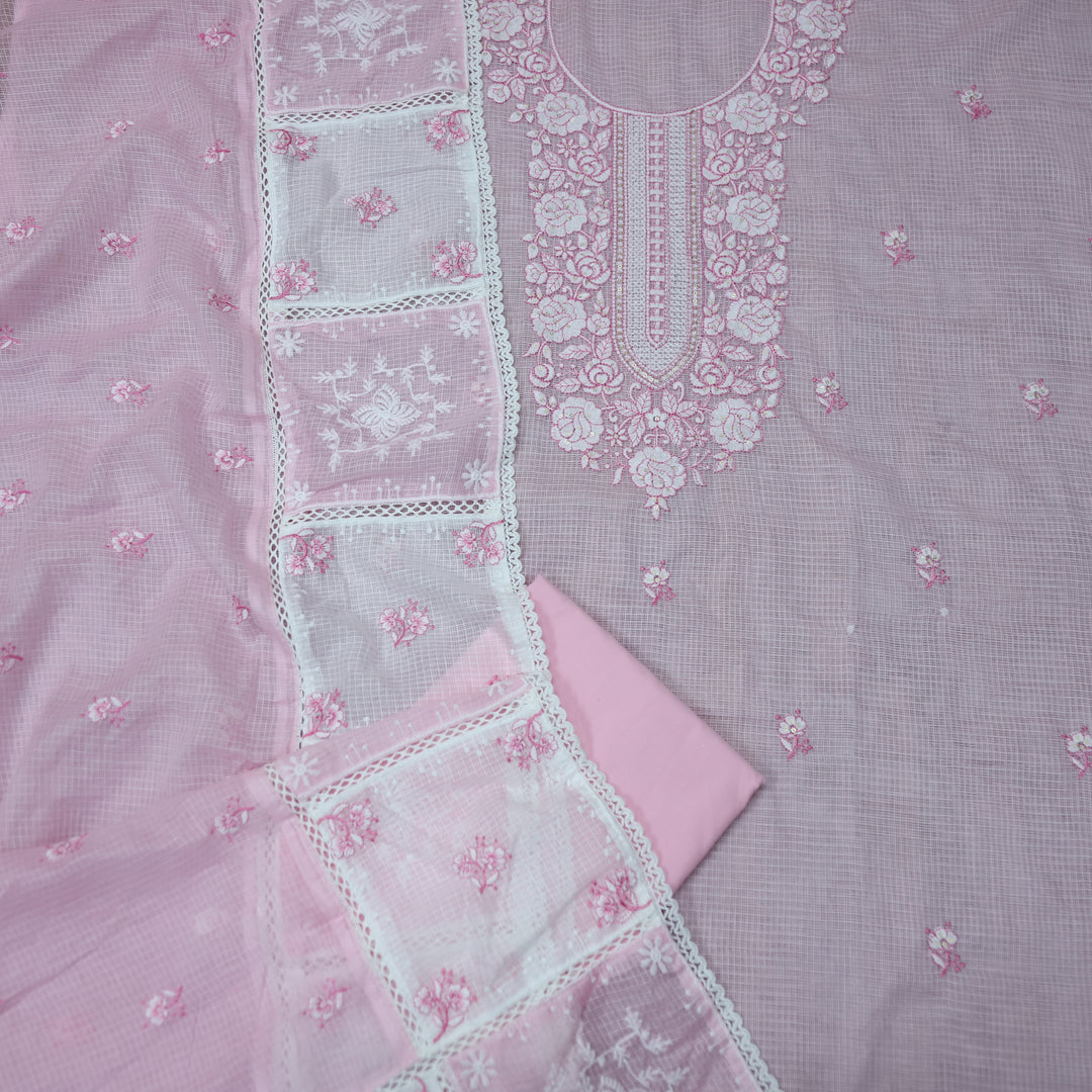 Khuda Mauvelous Pink Thread Embroidered Neck Work Kota Doriya Suit Set